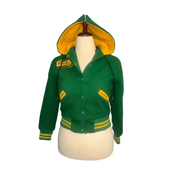 Vintage Green & Yellow Wool Varsity Jacket Women's XS/S by Nelsons USA